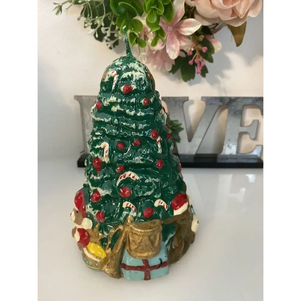 Christmas Tree with Toys & Presents Wax Candle Vintage 1960's Holiday Gift‎ EUC